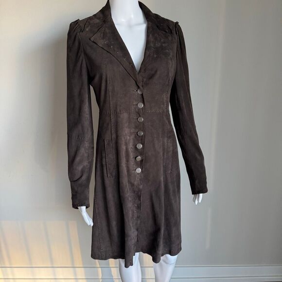 Elie Tahari Long Brown Suede Fitted Jacket With Ornate Buttons Size S - Picture 10 of 10
